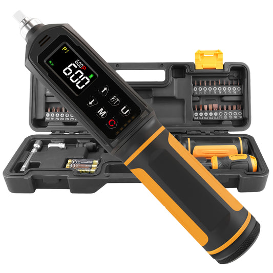 Digital Torque Screwdriver 0.09-6NM, Torque Screwdriver Set with 1/4" Elastic Bit Holder, Bit Adapter, Flat, Hex, Torx and Philips Bits, Suitable for Gunsmithing, DIY, Bicycle Maintenance