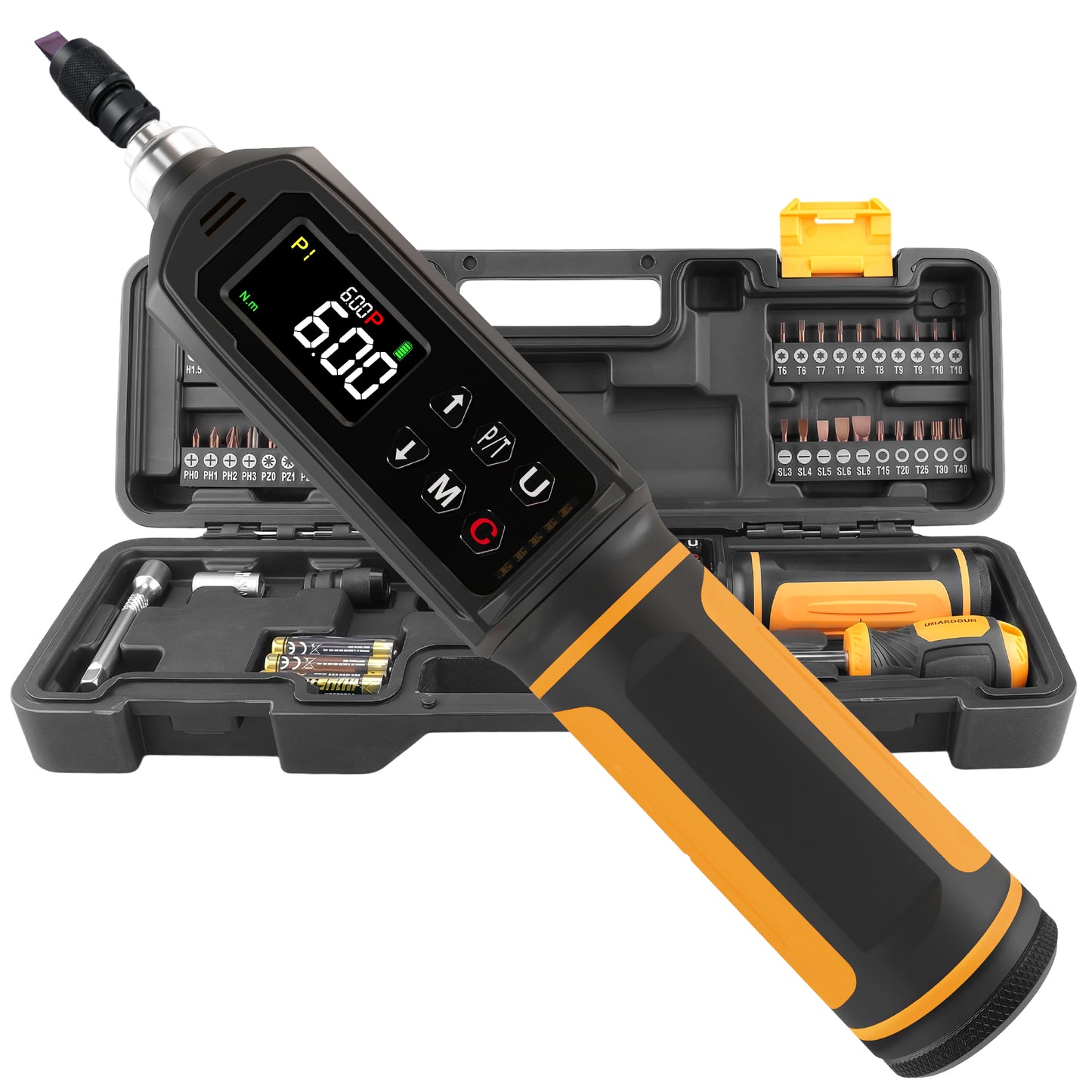 Digital Torque Screwdriver 0.09-6NM, Torque Screwdriver Set with 1/4" Elastic Bit Holder, Bit Adapter, Flat, Hex, Torx and Philips Bits, Suitable for Gunsmithing, DIY, Bicycle Maintenance