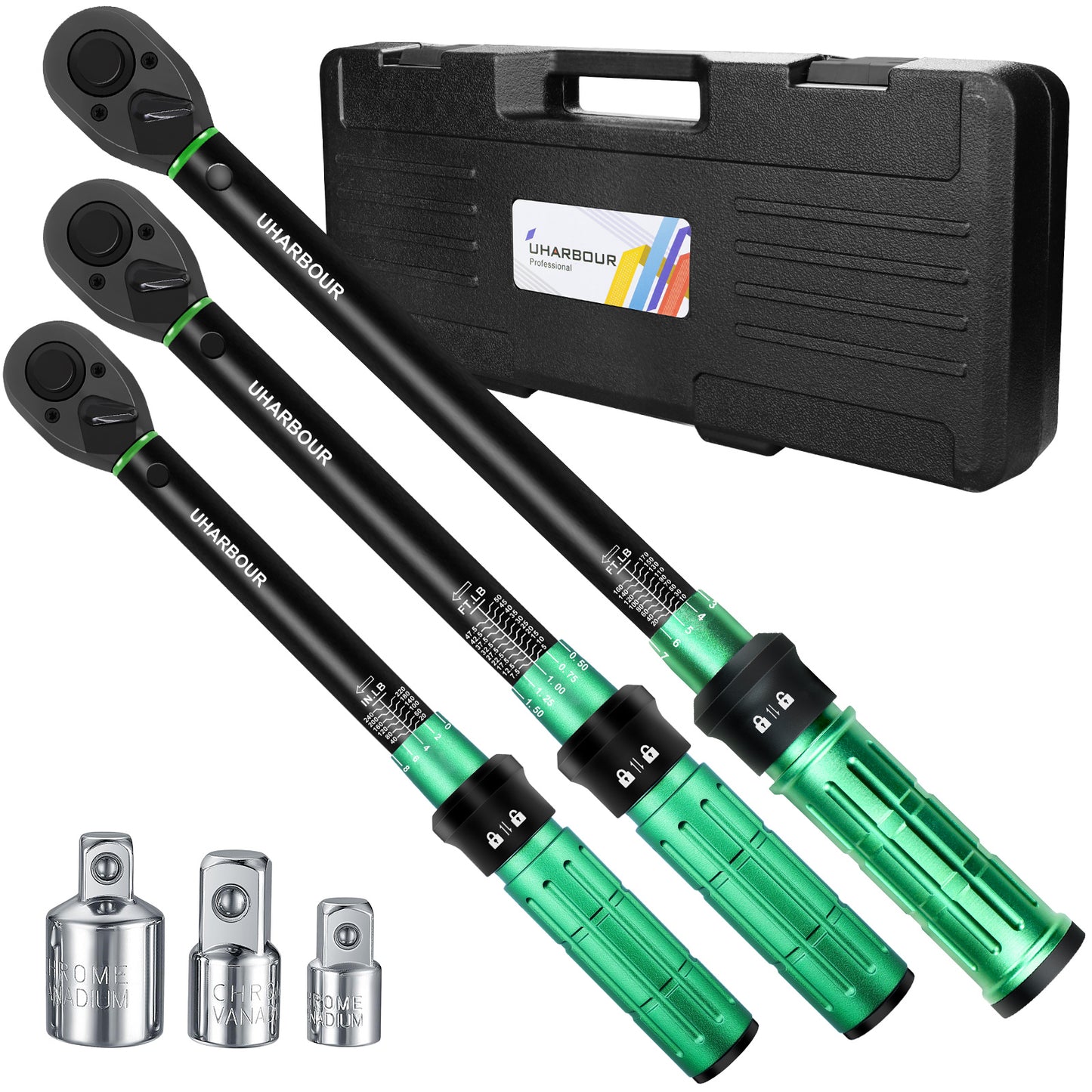 Uharbour Torque Wrench Set 1/4 3/8 1/2, 3Pcs Torque Wrench Set 20-240in.lb 5-50ft.lb 10-170ft.lb, Dual-Direction 72 Tooth Click with 1/4 3/8 1/2 Adapters for Car, Motorcycle, Bicycle