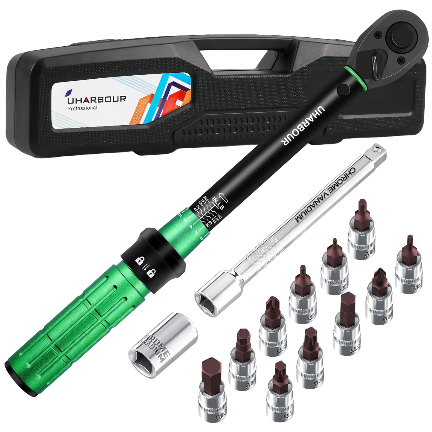 Uharbour Torque Wrench Set 1/4 Drive with Bits and Extension Rod, Bicycle Torque Wrench Set 20-200 In-Lb, Dual-Direction Adjustable Ratchet with 72 teeth for Bicycle, Moto, Car and Machine Maintenance