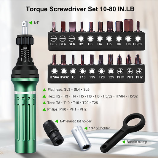 Torque Screwdriver 10-80 in.lb, Torque Screwdriver Set with 1/4" Elastic Bit Holder, 1/4" Bit Adapter, Flat, Hex, Torx and Philips Bits, Suitable for Gunsmithing, DIY, Bicycle Maintenance