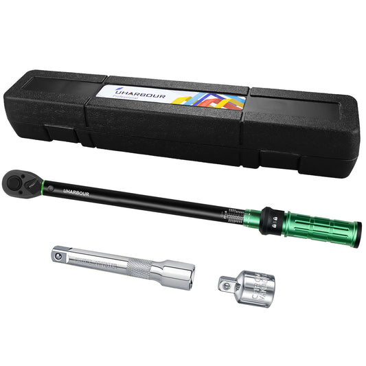 Uharbour Torque Wrench 1/2 10-170FT.LB, with Adapter and Extension Bar, Dual Direction 1 Nm Adjustment with Lock, ±3% Error Accuracy with 72 Teeth