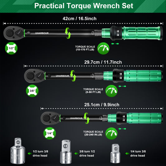 Uharbour Torque Wrench Set 1/4 3/8 1/2, 3Pcs Torque Wrench Set 20-240in.lb 5-50ft.lb 10-170ft.lb, Dual-Direction 72 Tooth Click with 1/4 3/8 1/2 Adapters for Car, Motorcycle, Bicycle