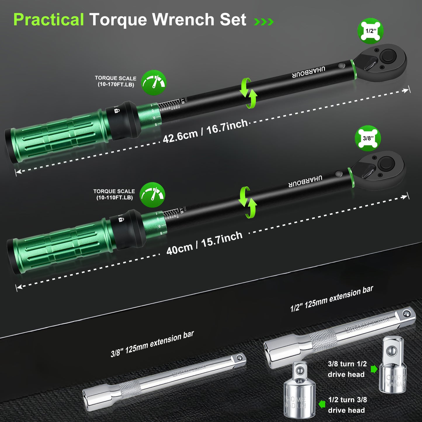 Uharbour Torque Wrench Set 3/8" + 1/2" 2Pcs 10-110 ft.lb & 10-170 ft.lb Dual-Direction 72 Tooth Click with Adapters & Extension Bars for Car, Truck & Motorcycle