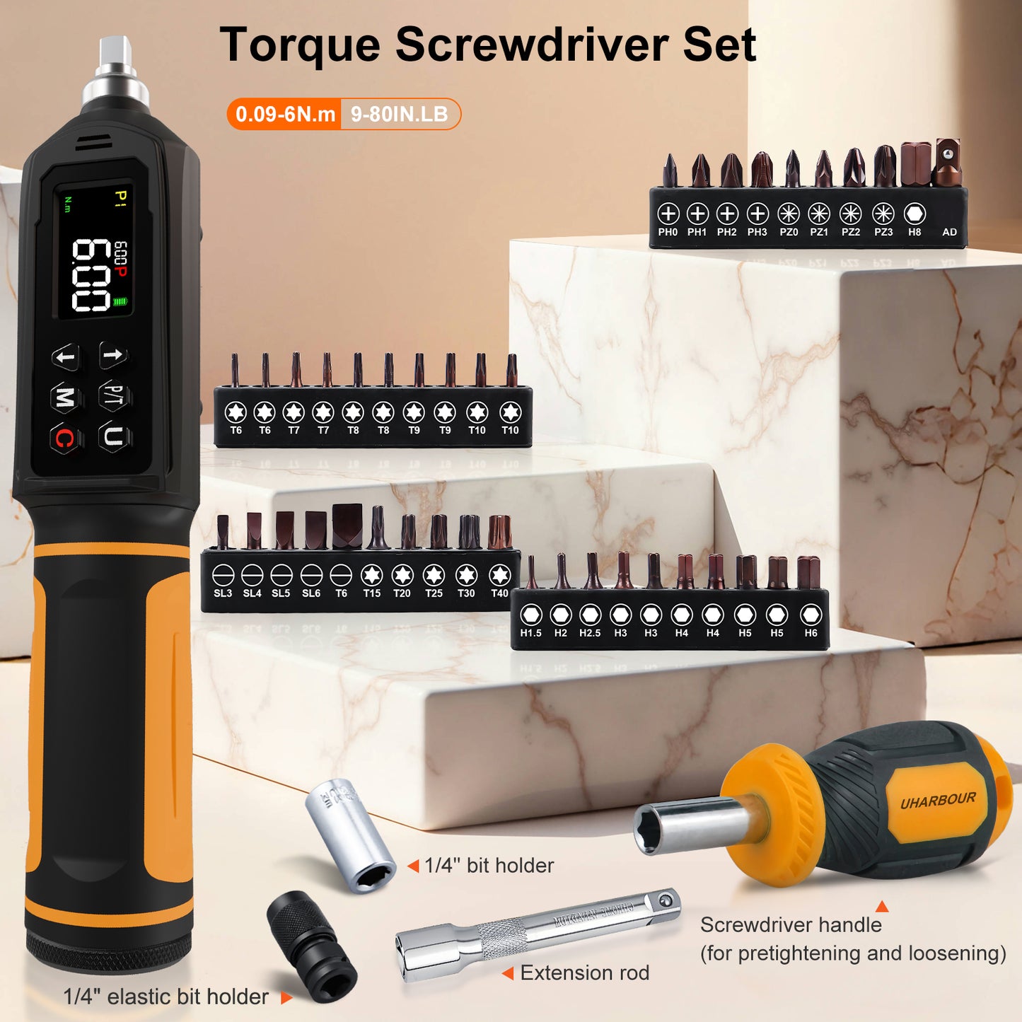 Digital Torque Screwdriver 0.09-6NM, Torque Screwdriver Set with 1/4" Elastic Bit Holder, Bit Adapter, Flat, Hex, Torx and Philips Bits, Suitable for Gunsmithing, DIY, Bicycle Maintenance