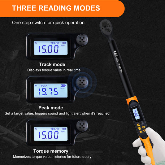 Digital Torque Wrench 1/2 Drive, Torque Wrench Digital 14.8-147.5 ft-lbs(20-200Nm), Triggers with Buzzer&LED Indicator, Suitable for Automotive/Moto/Bicycle, Accuracy ±1%