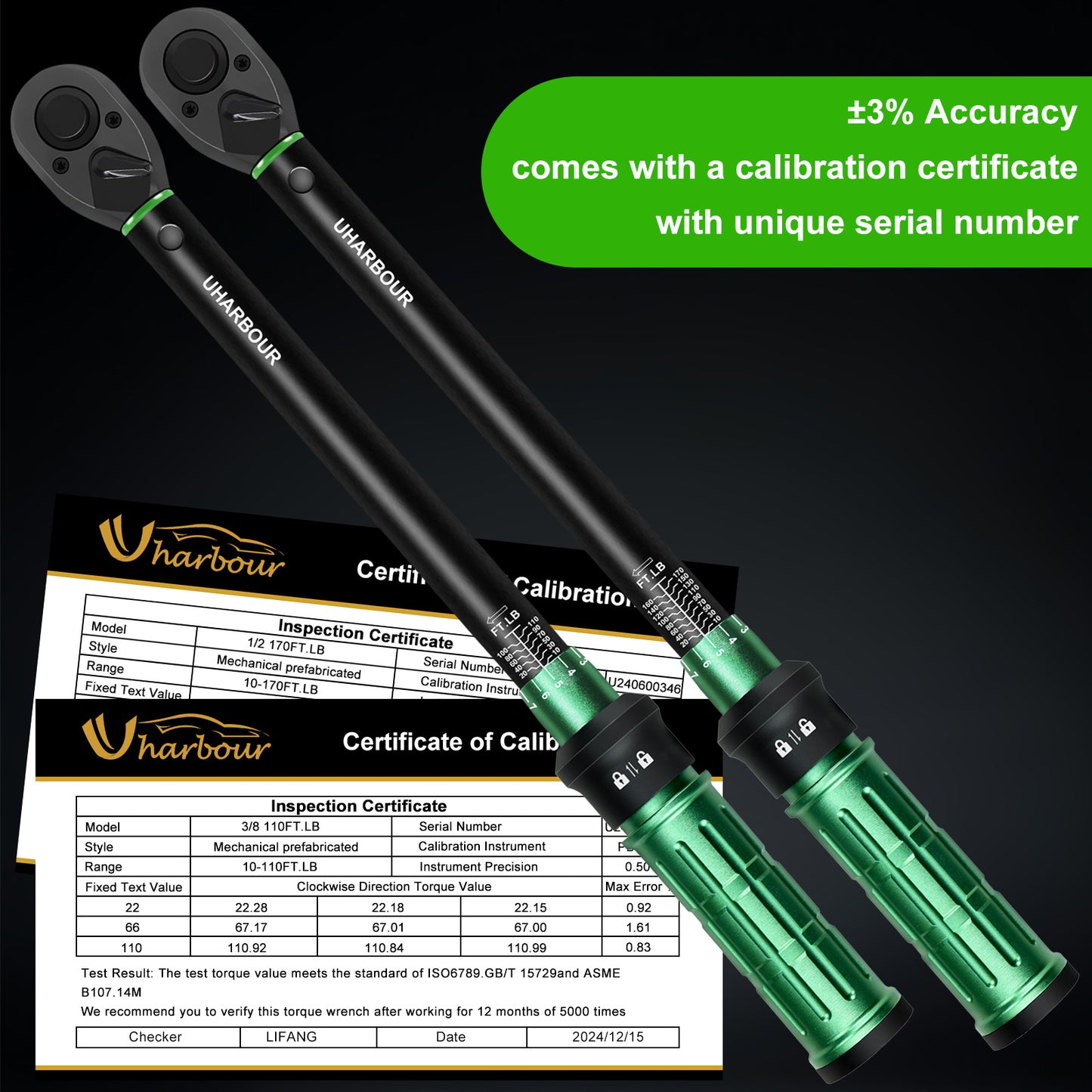 Uharbour Torque Wrench Set 3/8" + 1/2" 2Pcs 10-110 ft.lb & 10-170 ft.lb Dual-Direction 72 Tooth Click with Adapters & Extension Bars for Car, Truck & Motorcycle