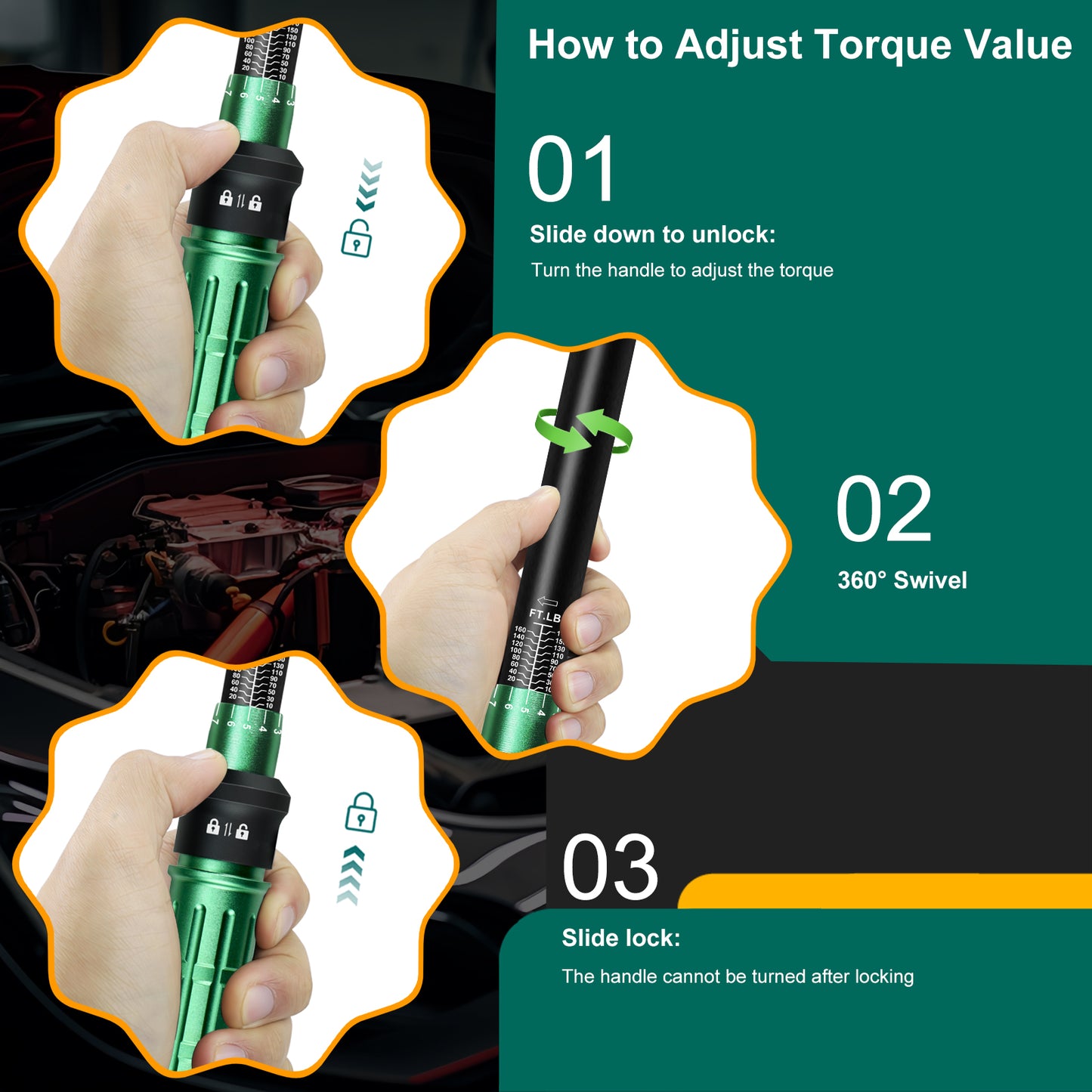 Uharbour Torque Wrench 1/2 10-170FT.LB, with Adapter and Extension Bar, Dual Direction 1 Nm Adjustment with Lock, ±3% Error Accuracy with 72 Teeth
