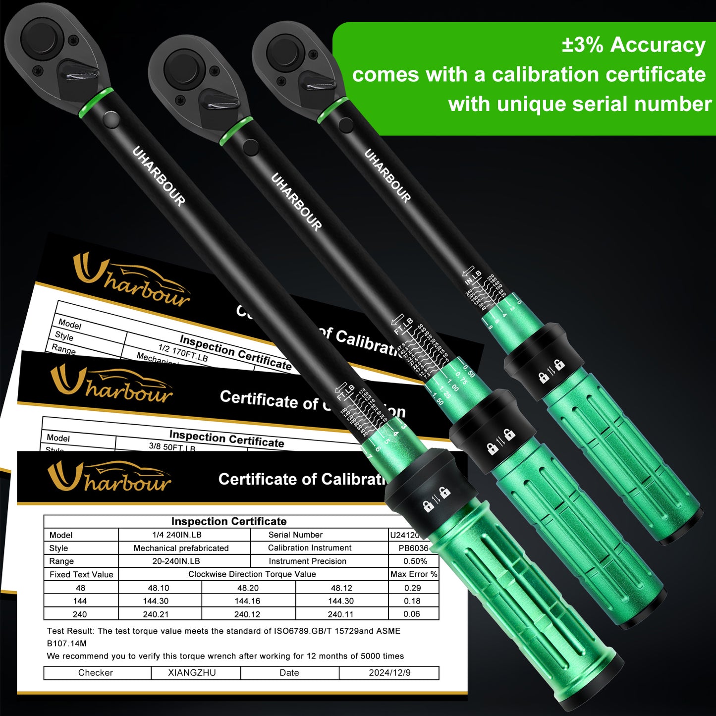 Uharbour Torque Wrench Set 1/4 3/8 1/2, 3Pcs Torque Wrench Set 20-240in.lb 5-50ft.lb 10-170ft.lb, Dual-Direction 72 Tooth Click with 1/4 3/8 1/2 Adapters for Car, Motorcycle, Bicycle