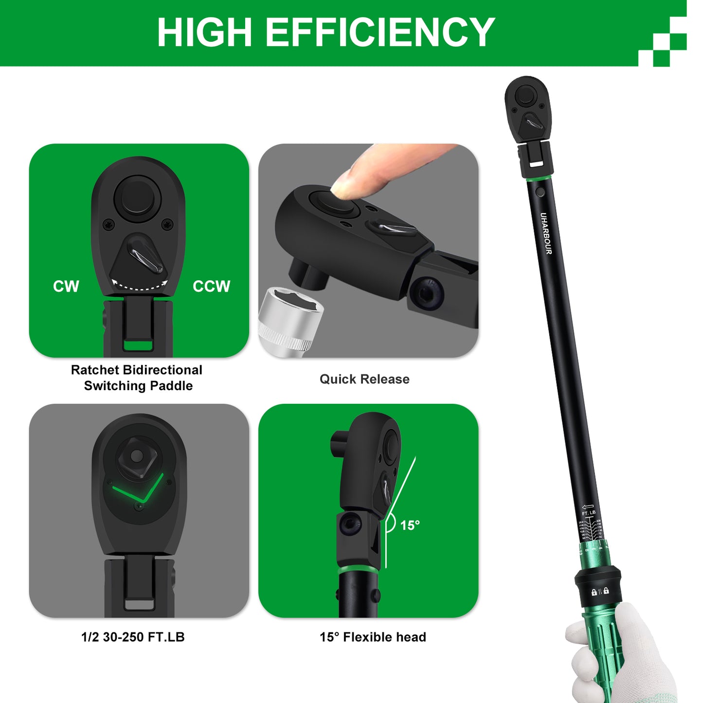 Split Beam Torque Wrench 1/2 Drive, 30-250 ft.lb Split Beam Torque Wrench, Torque Wrench 1/2 Drive with Flexible Head, Suitable for Car, Motorcycle