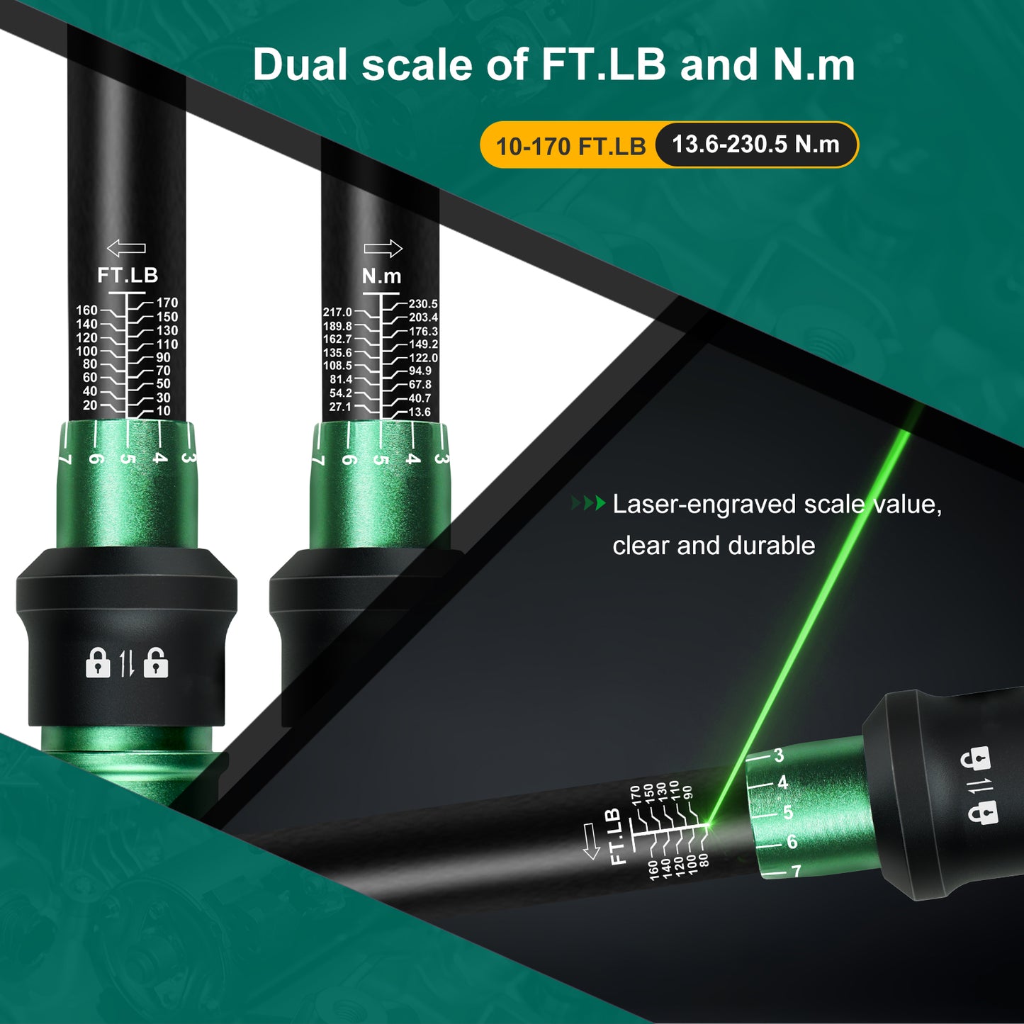 Uharbour Torque Wrench 1/2 10-170FT.LB, with Adapter and Extension Bar, Dual Direction 1 Nm Adjustment with Lock, ±3% Error Accuracy with 72 Teeth