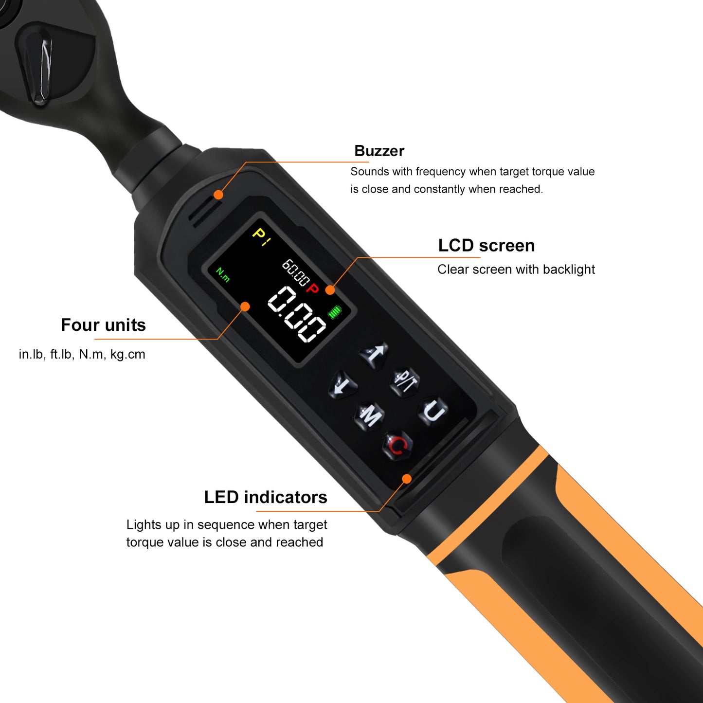 Digital Torque Wrench 3/8 Drive, 0.66-44.29Ft.lbs/0.9-60Nm Range, Electric Torque Wrench with Dual Direction Ratchet, ±1% Accuracy with Vibration, Buzzer and LED Alert
