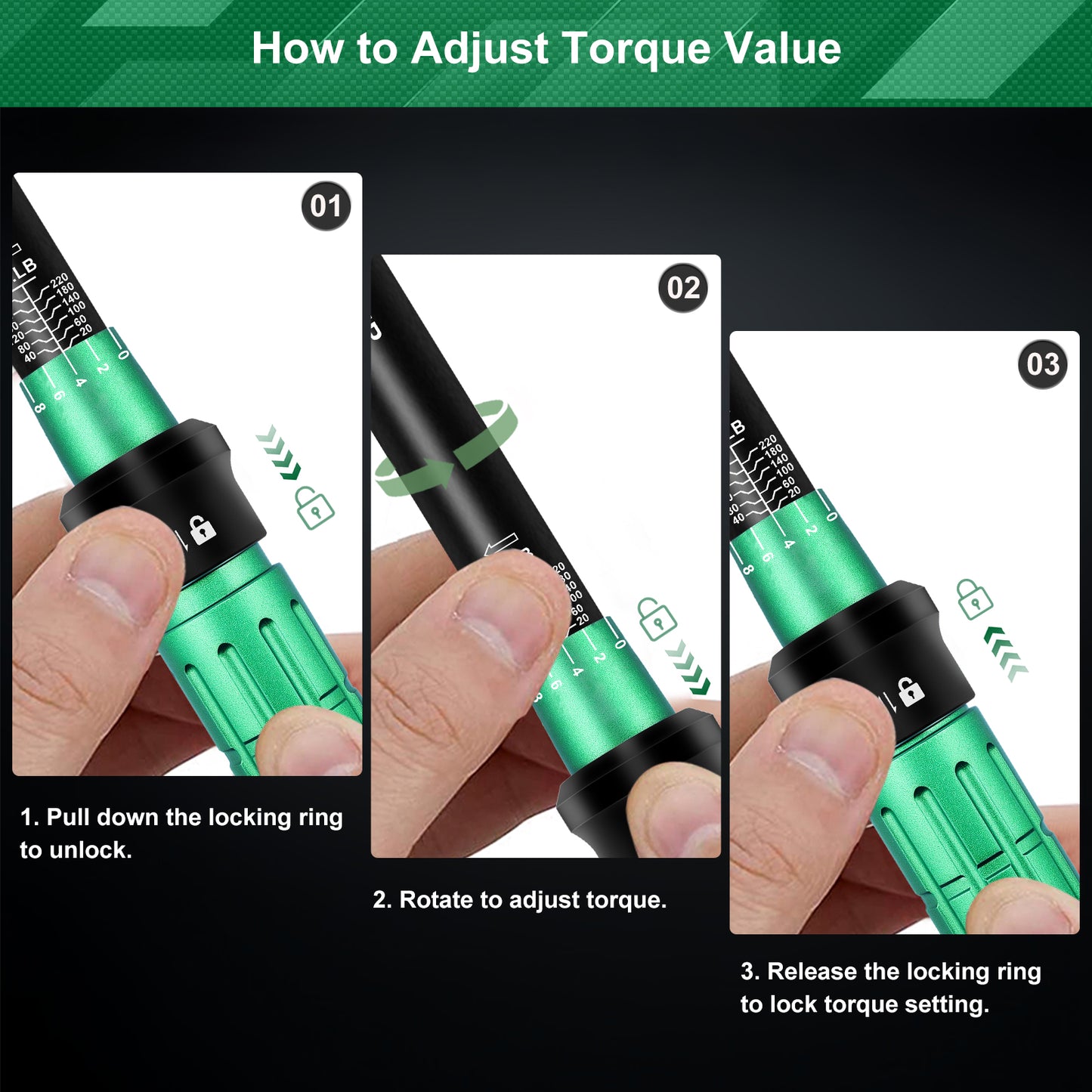 Uharbour Torque Wrench Set 1/4 3/8 1/2, 3Pcs Torque Wrench Set 20-240in.lb 5-50ft.lb 10-170ft.lb, Dual-Direction 72 Tooth Click with 1/4 3/8 1/2 Adapters for Car, Motorcycle, Bicycle