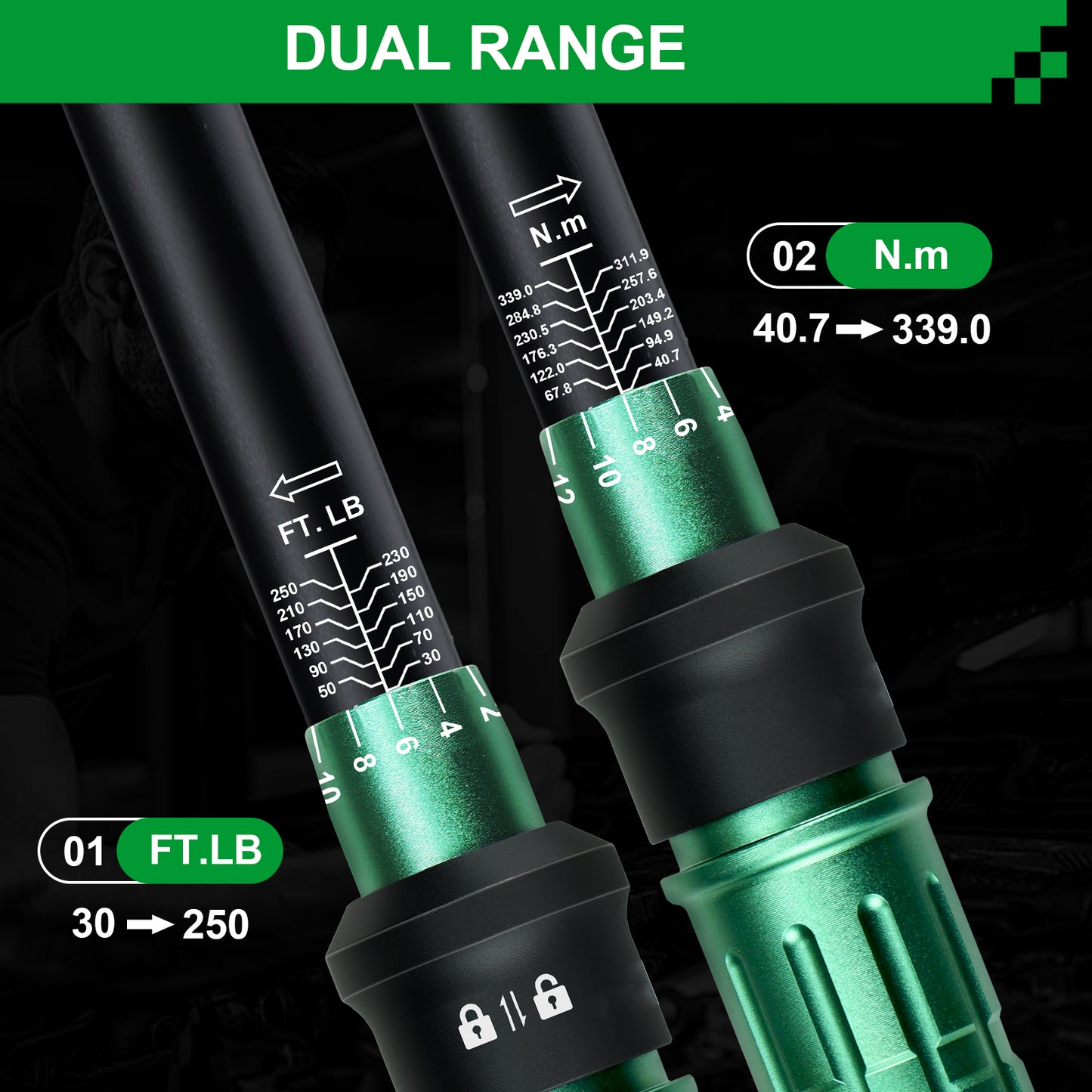Split Beam Torque Wrench 1/2 Drive, 30-250 ft.lb Split Beam Torque Wrench, Torque Wrench 1/2 Drive with Flexible Head, Suitable for Car, Motorcycle
