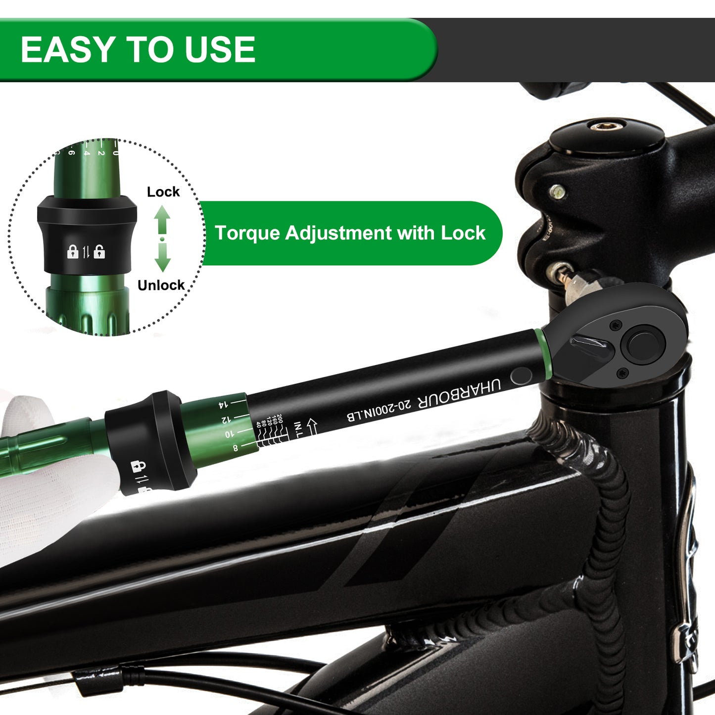 Uharbour Torque Wrench 1/4 Drive, 1/4 Torque Wrench 20-200 in-Lb, Dual-Direction Adjustable Ratchet with 72 Teeth, Torque Wrench for Bicycle, Moto and Car with Audible Click