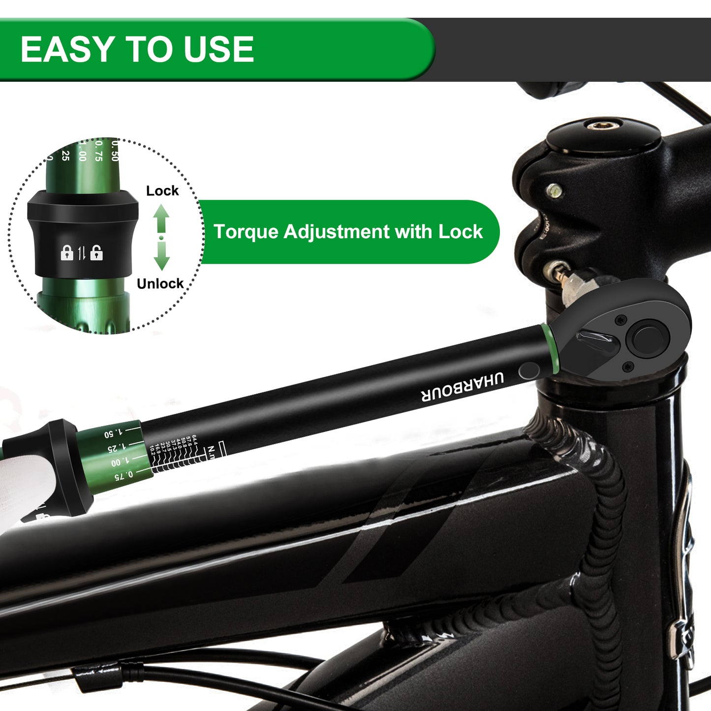Uharbour Torque Wrench 3/8 Drive, 3/8 Torque Wrench 5-50 Ft-Lb, Dual-Direction Adjustable Ratchet with 72 Teeth, Torque Wrench for Car, Moto and Bicycle with Audible Click