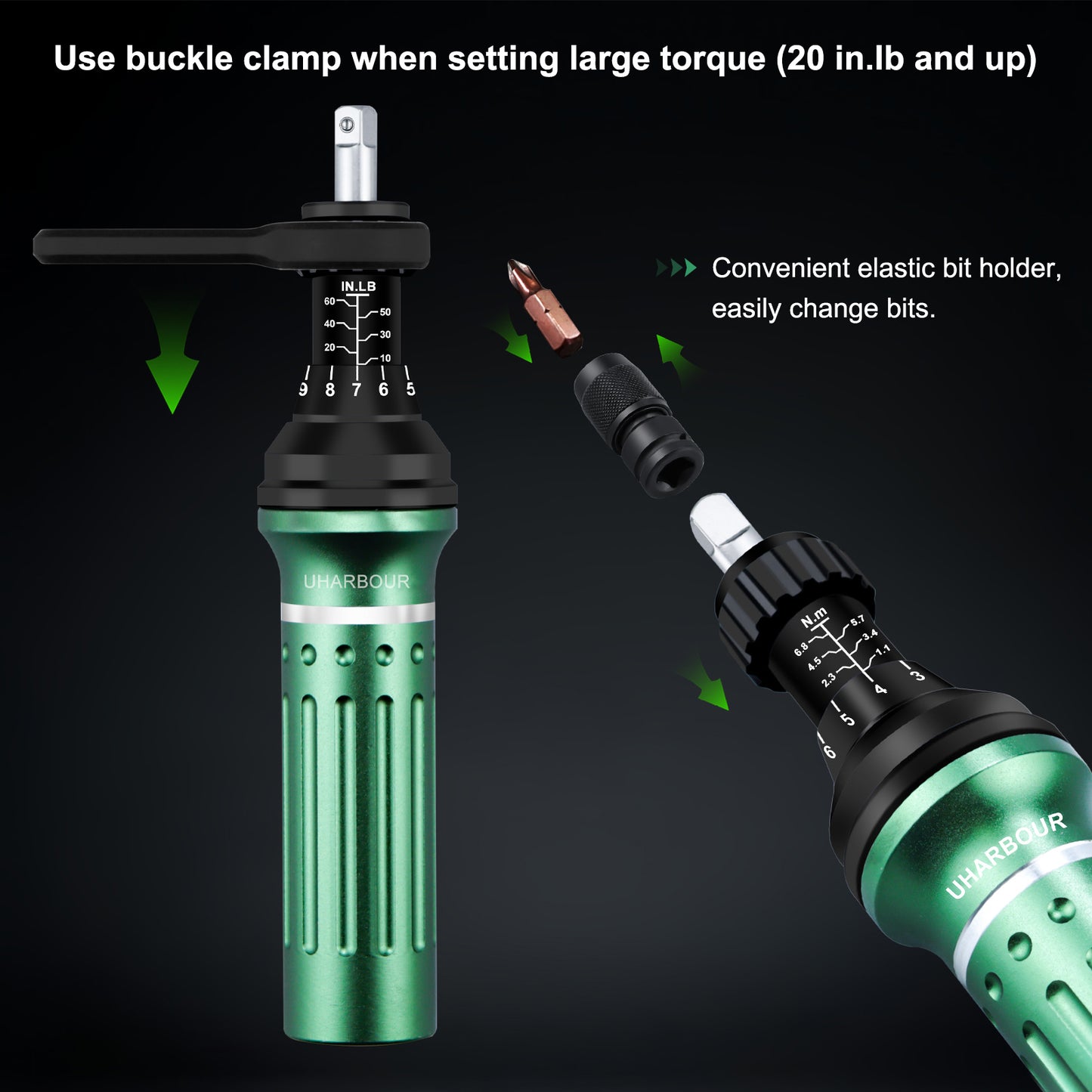Torque Screwdriver 10-60 in.lb, Torque Screwdriver Set with 1/4" Elastic Bit Holder, 1/4" Bit Adapter, Flat, Hex, Torx and Philips Bits, Suitable for Gunsmithing, DIY, Bicycle Maintenance