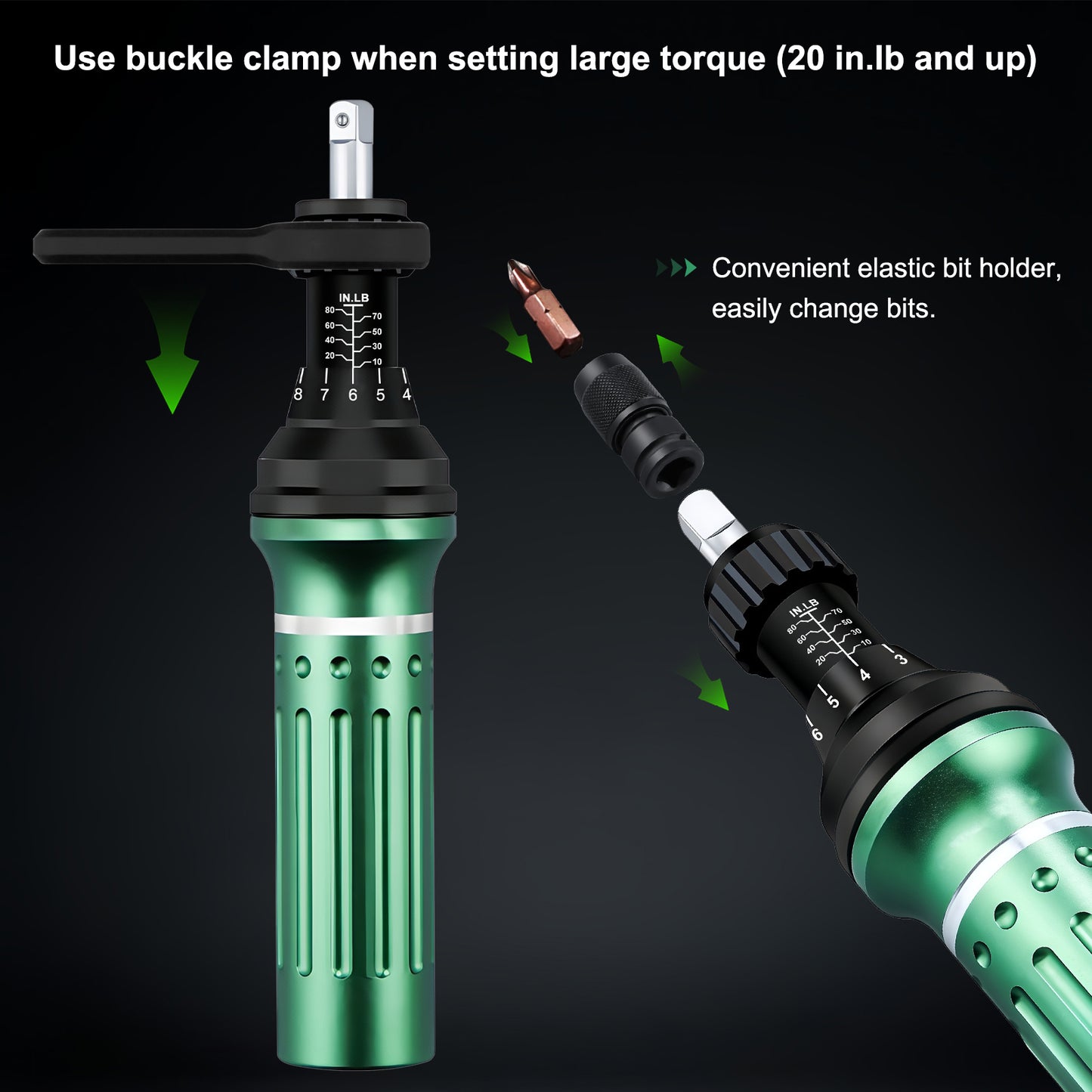 Torque Screwdriver 10-80 in.lb, Torque Screwdriver Set with 1/4" Elastic Bit Holder, 1/4" Bit Adapter, Flat, Hex, Torx and Philips Bits, Suitable for Gunsmithing, DIY, Bicycle Maintenance