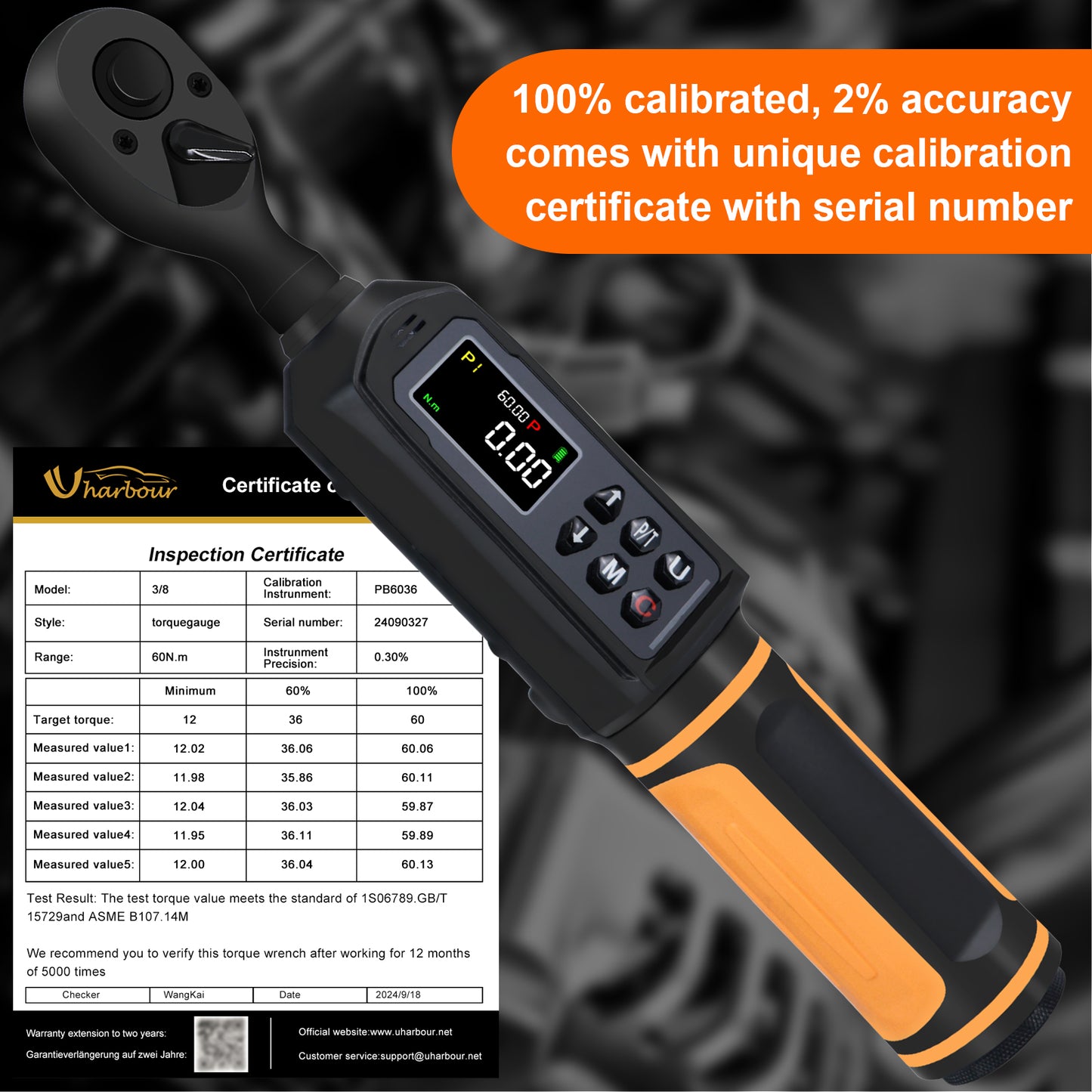 Digital Torque Wrench 3/8 Drive, 0.66-44.29Ft.lbs/0.9-60Nm Range, Electric Torque Wrench with Dual Direction Ratchet, ±1% Accuracy with Vibration, Buzzer and LED Alert