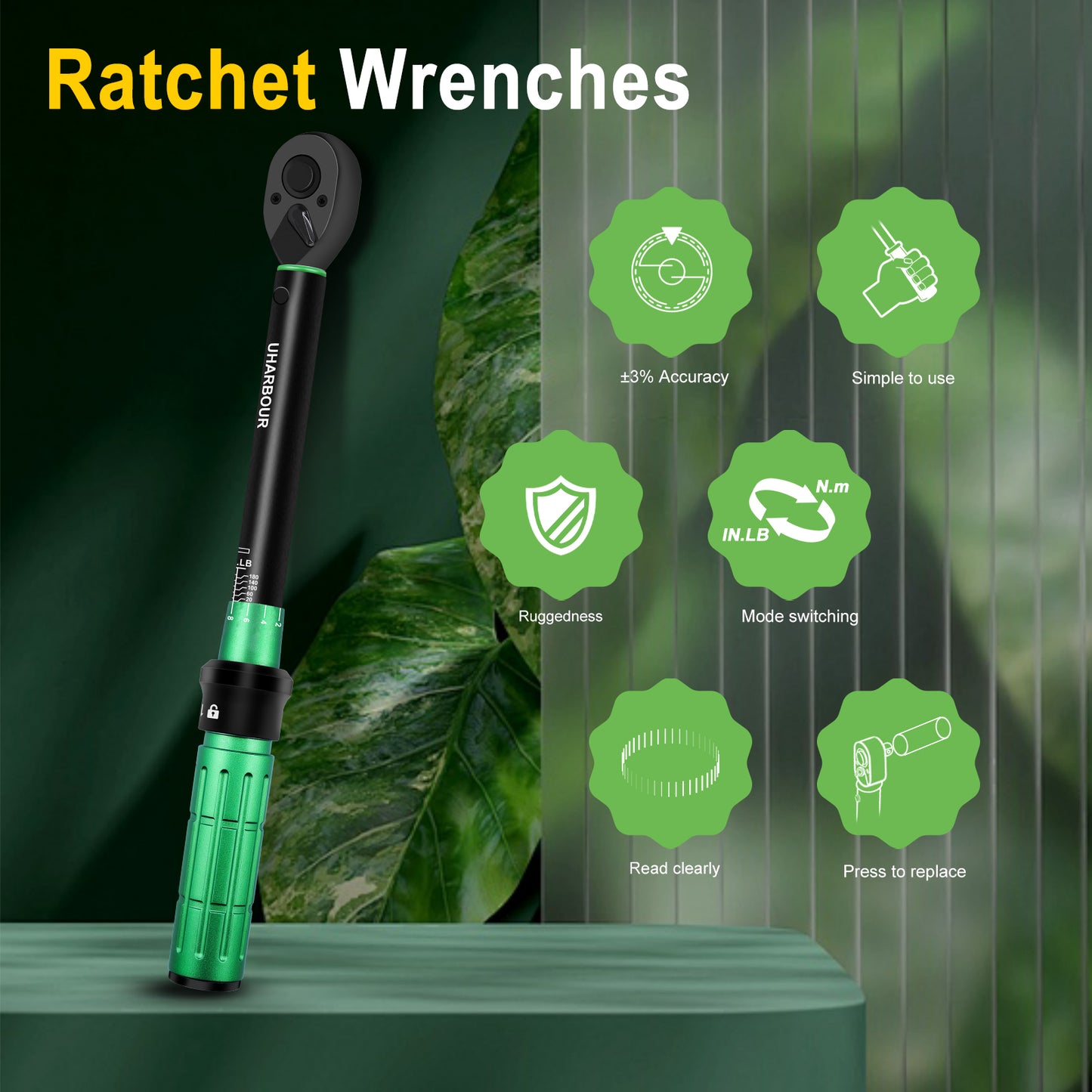 Uharbour Torque Wrench Set 1/4 Drive with Bits and Extension Rod, Bicycle Torque Wrench Set 20-200 In-Lb, Dual-Direction Adjustable Ratchet with 72 teeth for Bicycle, Moto, Car and Machine Maintenance