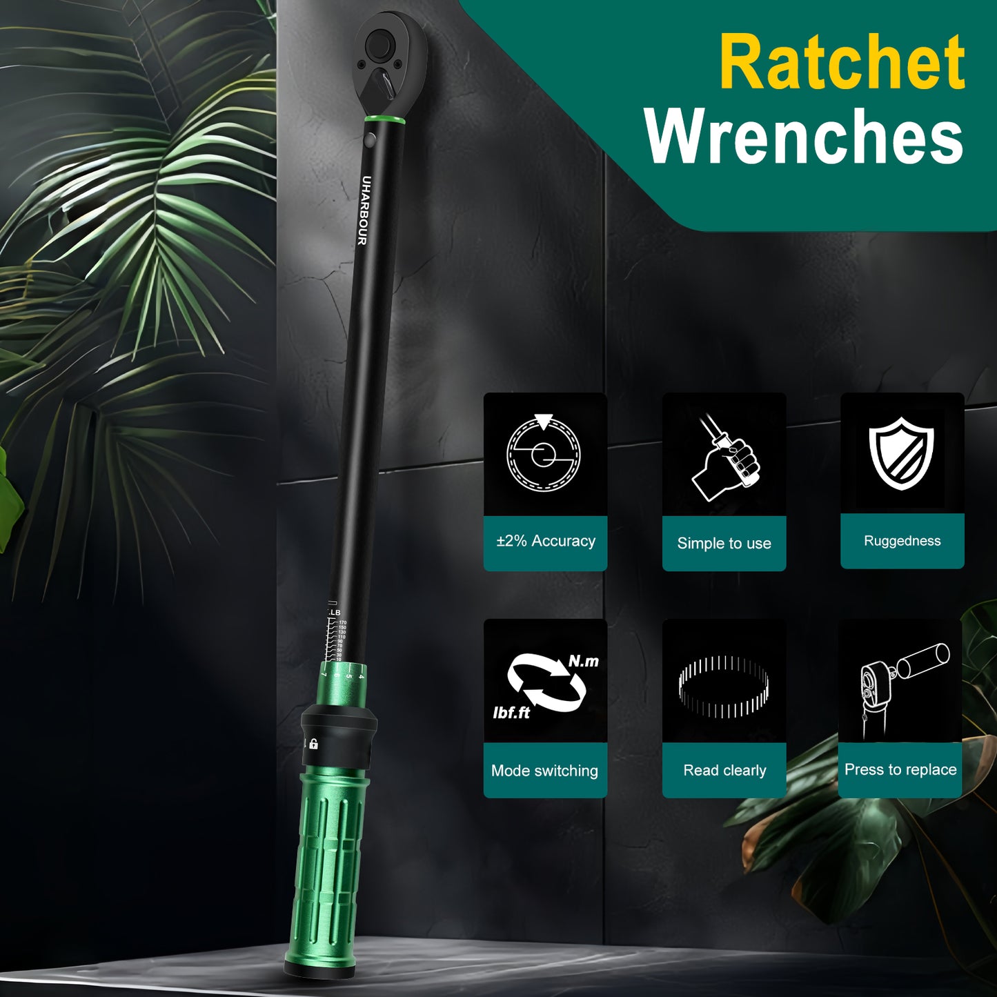 Uharbour Torque Wrench 1/2 10-170FT.LB, with Adapter and Extension Bar, Dual Direction 1 Nm Adjustment with Lock, ±3% Error Accuracy with 72 Teeth