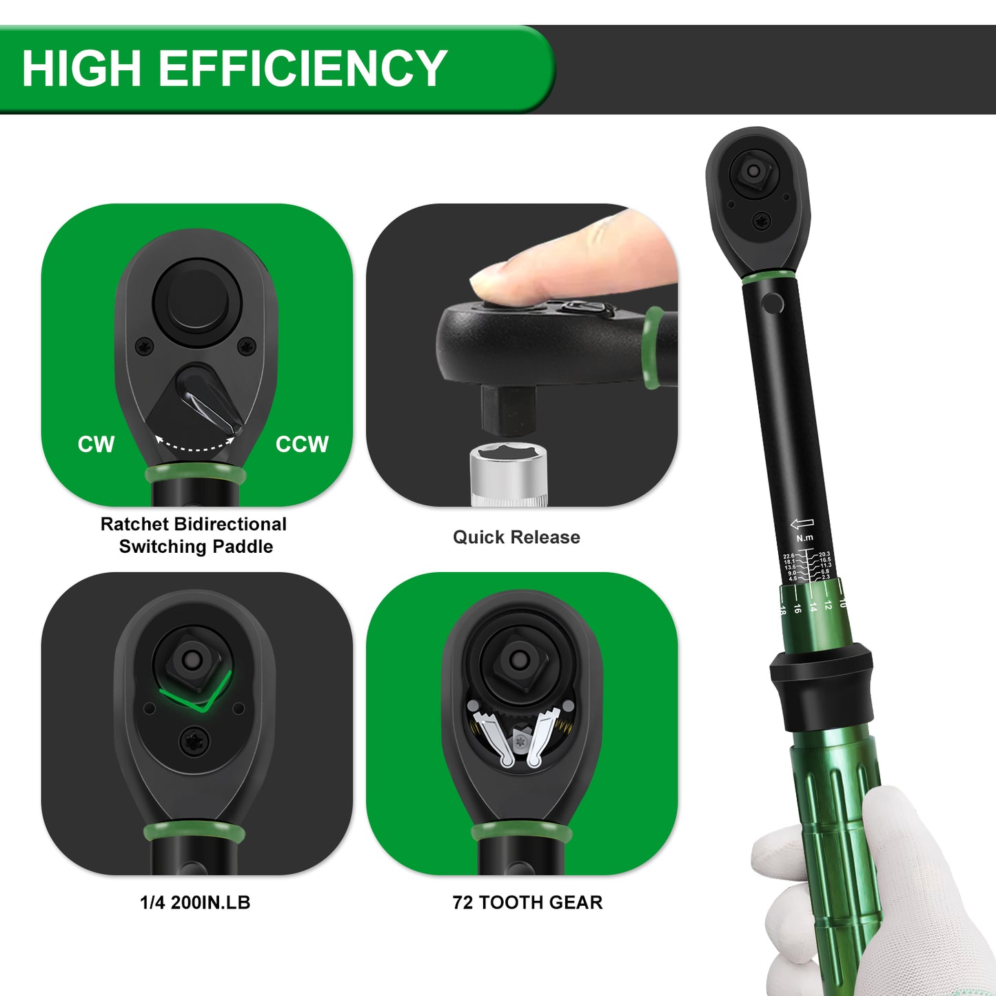 Uharbour Torque Wrench 1/4 Drive, 1/4 Torque Wrench 20-200 in-Lb, Dual-Direction Adjustable Ratchet with 72 Teeth, Torque Wrench for Bicycle, Moto and Car with Audible Click