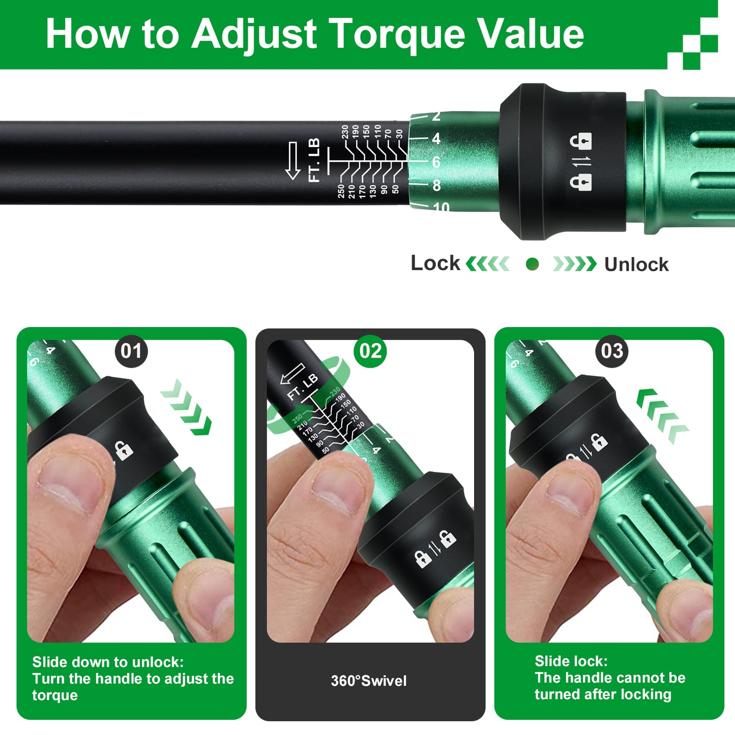 Split Beam Torque Wrench 1/2 Drive, 30-250 ft.lb Split Beam Torque Wrench, Torque Wrench 1/2 Drive with Flexible Head, Suitable for Car, Motorcycle