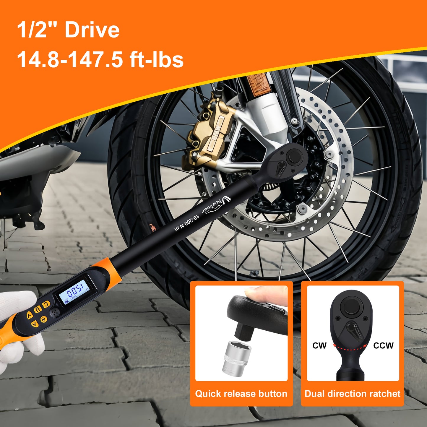 Digital Torque Wrench 1/2 Drive, Torque Wrench Digital 14.8-147.5 ft-lbs(20-200Nm), Triggers with Buzzer&LED Indicator, Suitable for Automotive/Moto/Bicycle, Accuracy ±1%