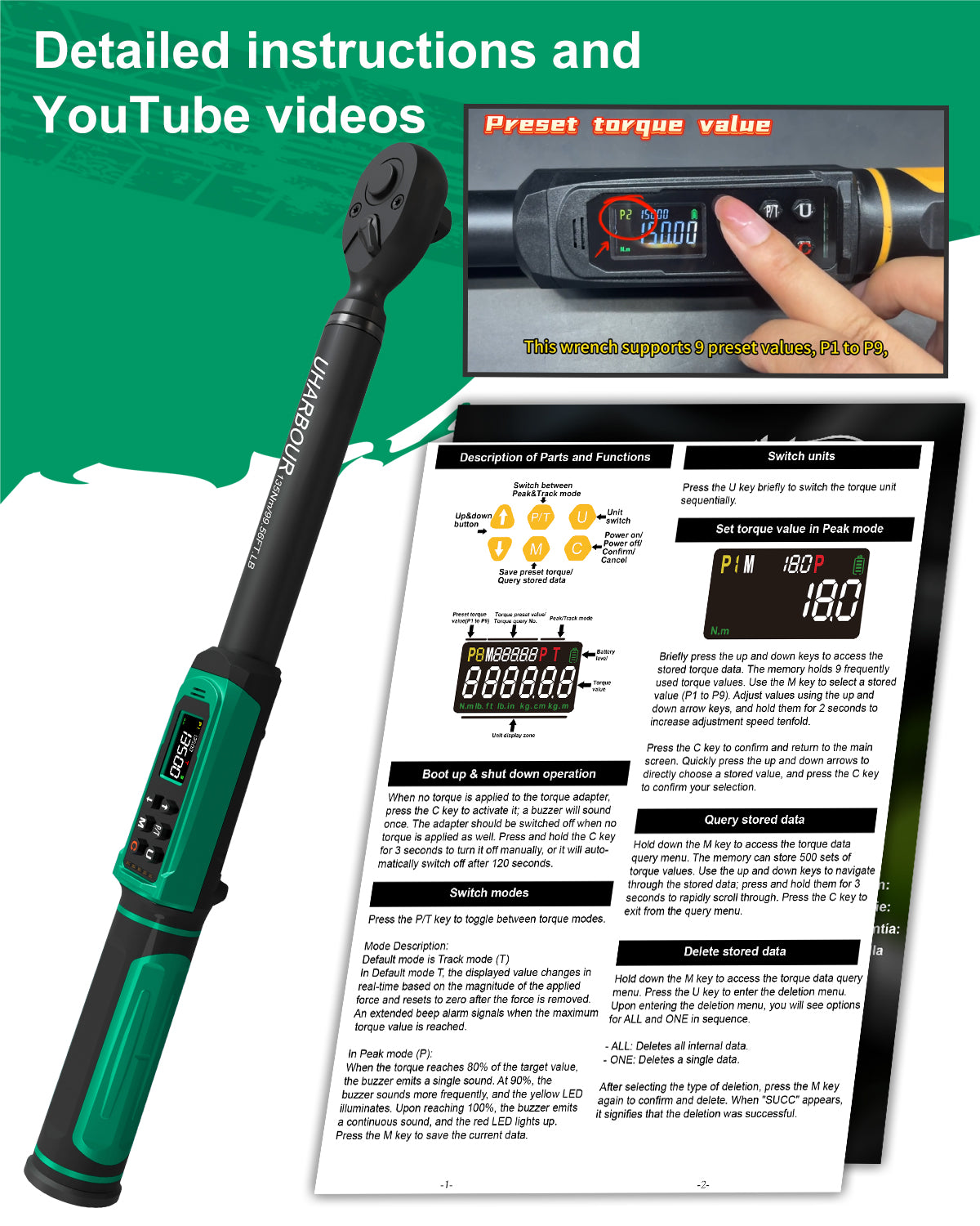 Uharbour Digital Torque Wrench 3/8" , 1.5-99.5 ft-lbs./6.8-135Nm, 16 PCS Torque Wrench Set-UHXM026