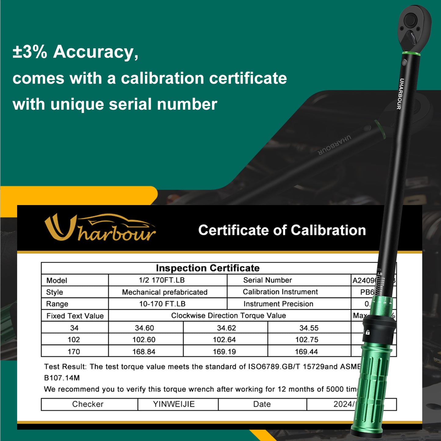 Uharbour Torque Wrench 1/2 10-170FT.LB, with Adapter and Extension Bar, Dual Direction 1 Nm Adjustment with Lock, ±3% Error Accuracy with 72 Teeth
