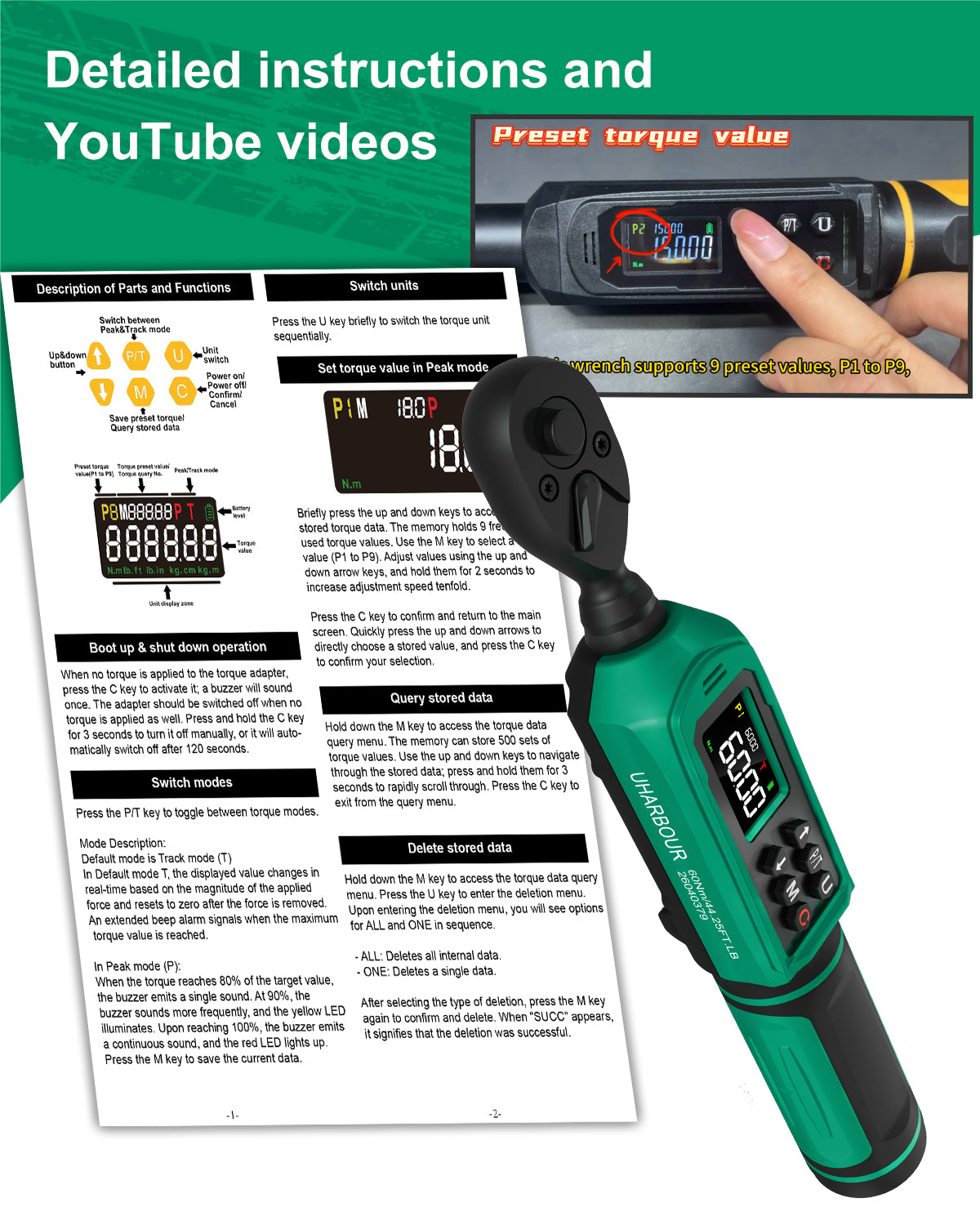 Uharbour Digital Torque Wrench 3/8", 0.66-44.29Ft.lbs/0.9-60Nm, 66 PCS Torque Wrench Set-UHXM025