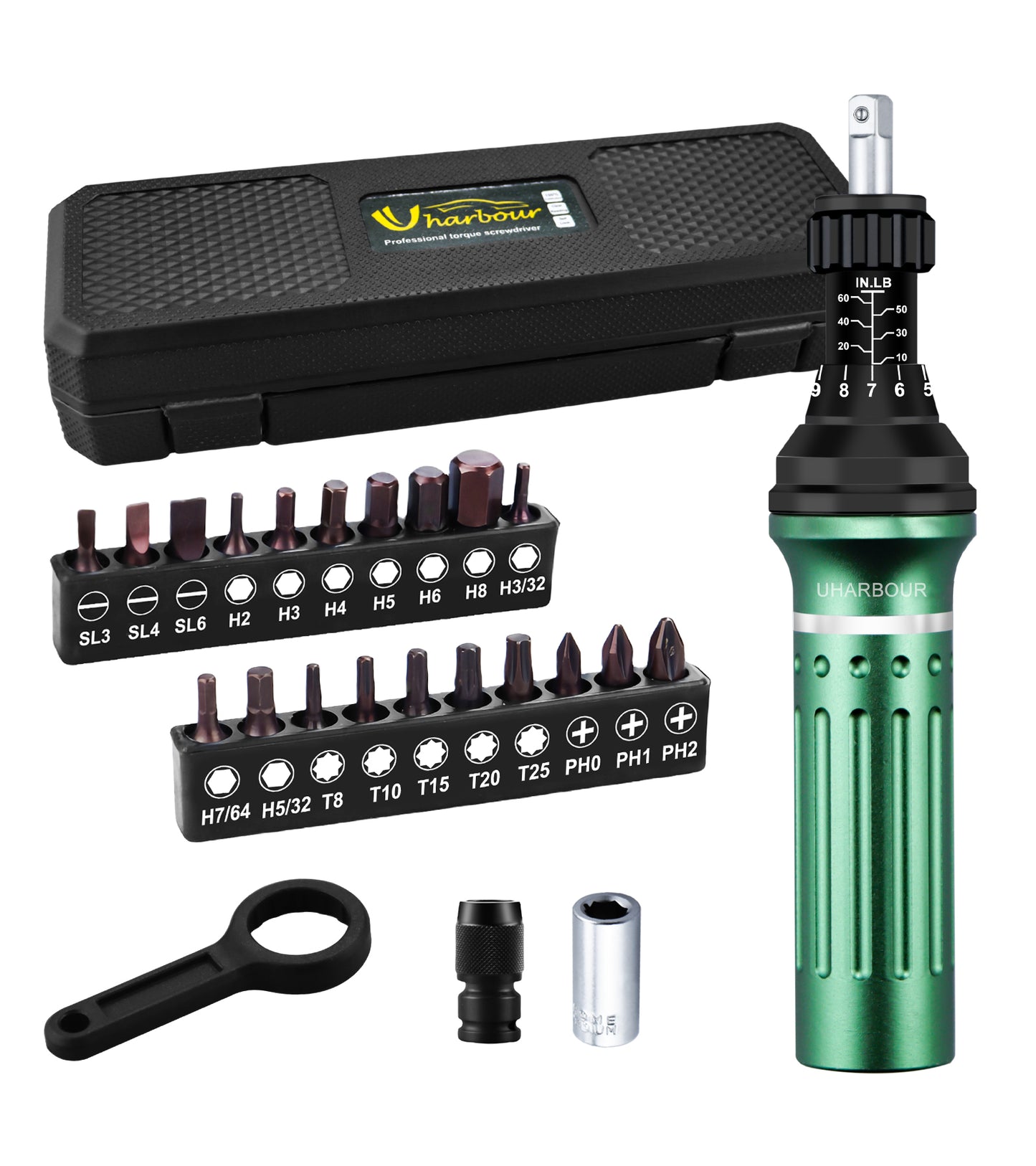 Torque Screwdriver 10-60 in.lb, Torque Screwdriver Set with 1/4" Elastic Bit Holder, 1/4" Bit Adapter, Flat, Hex, Torx and Philips Bits, Suitable for Gunsmithing, DIY, Bicycle Maintenance