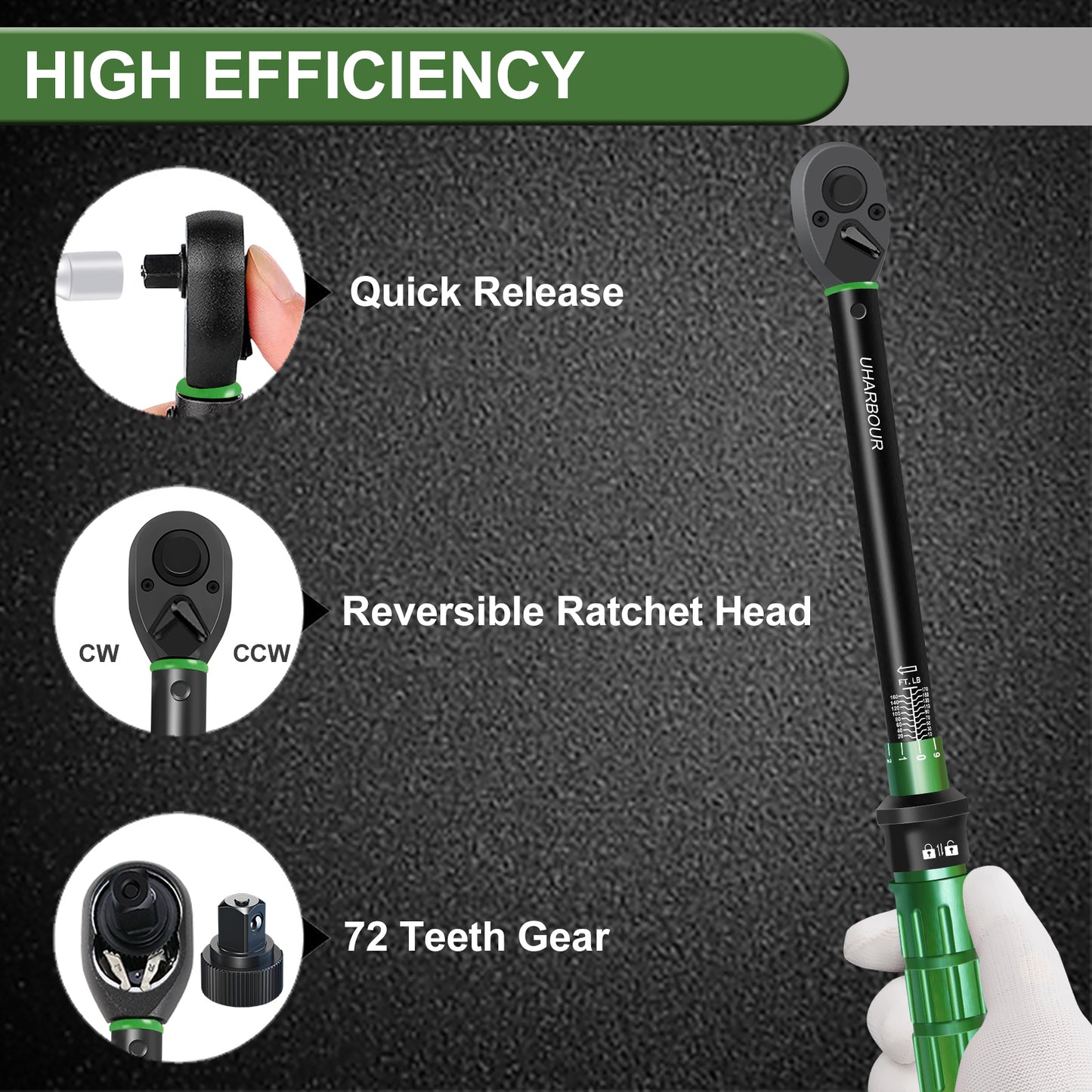 Uharbour Torque Wrench 1/2 Drive, 1/2 Torque Wrench 10-170Ft-Lb/13.6-230.5Nm, Dual-Direction Adjustable Ratchet with 72 teeth, Torque Wrench for Car, Moto and Bicycle with Audible Click