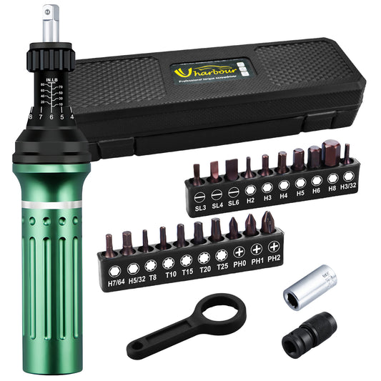 Torque Screwdriver 10-80 in.lb, Torque Screwdriver Set with 1/4" Elastic Bit Holder, 1/4" Bit Adapter, Flat, Hex, Torx and Philips Bits, Suitable for Gunsmithing, DIY, Bicycle Maintenance