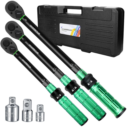 Uharbour Torque Wrench Set 1/4 3/8 1/2, 3Pcs Torque Wrench Set 20-240in.lb 5-50ft.lb 10-170ft.lb, Dual-Direction 72 Tooth Click with 1/4 3/8 1/2 Adapters for Car, Motorcycle, Bicycle