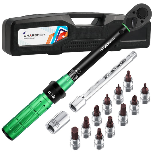 Uharbour Torque Wrench Set 1/4 Drive with Bits and Extension Rod, Bicycle Torque Wrench Set 20-200 In-Lb, Dual-Direction Adjustable Ratchet with 72 teeth for Bicycle, Moto, Car and Machine Maintenance