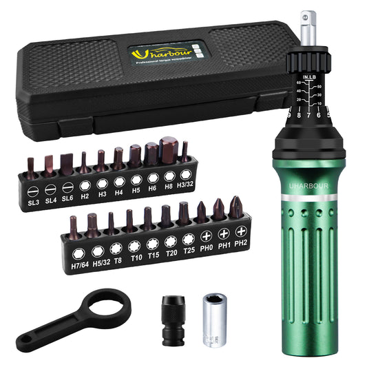 Torque Screwdriver 10-60 in.lb, Torque Screwdriver Set with 1/4" Elastic Bit Holder, 1/4" Bit Adapter, Flat, Hex, Torx and Philips Bits, Suitable for Gunsmithing, DIY, Bicycle Maintenance