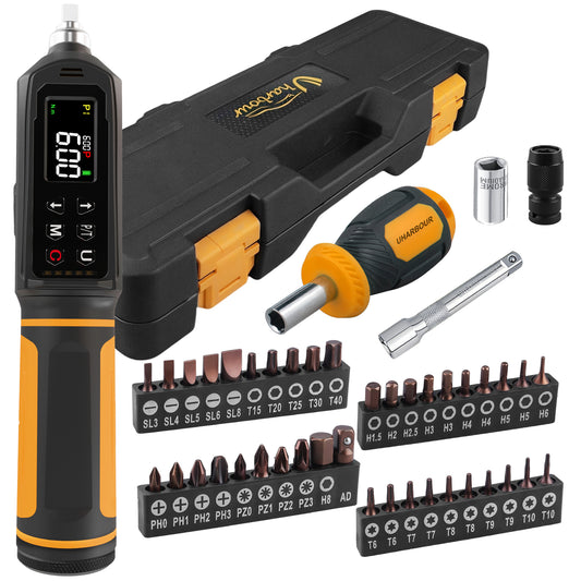 Digital Torque Screwdriver 0.09-6NM, Torque Screwdriver Set with 1/4" Elastic Bit Holder, Bit Adapter, Flat, Hex, Torx and Philips Bits, Suitable for Gunsmithing, DIY, Bicycle Maintenance