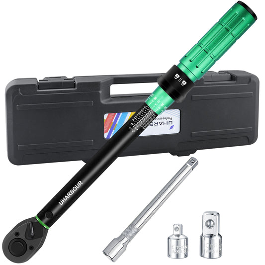 Uharbour Torque Wrench 3/8 Drive, 3/8 Torque Wrench Set 5-50 Ft-Lb with Adapters and Extension Bar, Dual-Direction Ratchet with 72 Teeth, Torque Wrench for Car, Moto and Bicycle with Audible Click