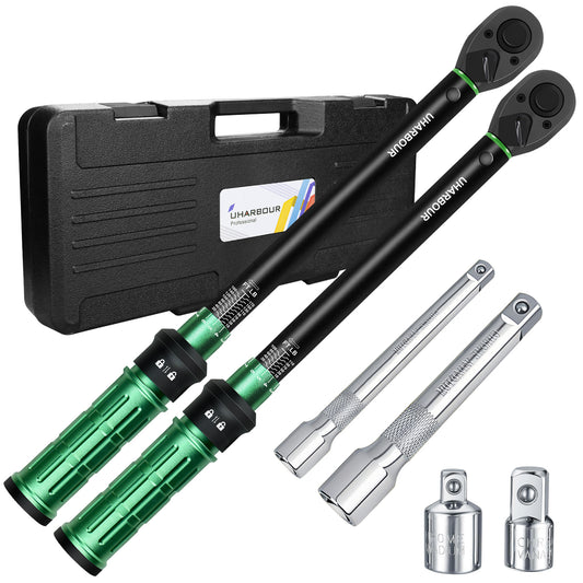 Uharbour Torque Wrench Set 3/8" + 1/2" 2Pcs 10-110 ft.lb & 10-170 ft.lb Dual-Direction 72 Tooth Click with Adapters & Extension Bars for Car, Truck & Motorcycle