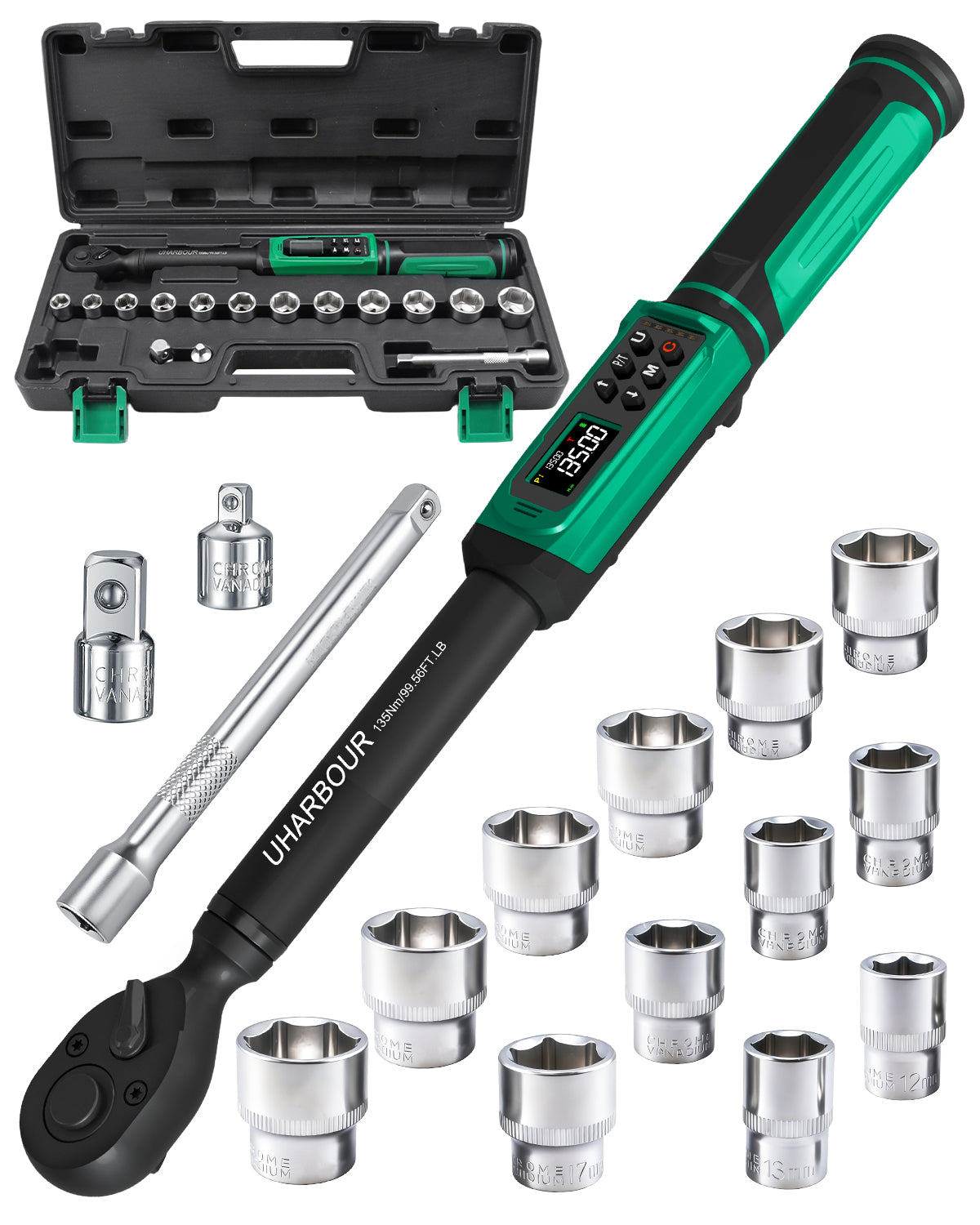 Uharbour Digital Torque Wrench 3/8" , 1.5-99.5 ft-lbs./6.8-135Nm, 16 PCS Torque Wrench Set-UHXM026