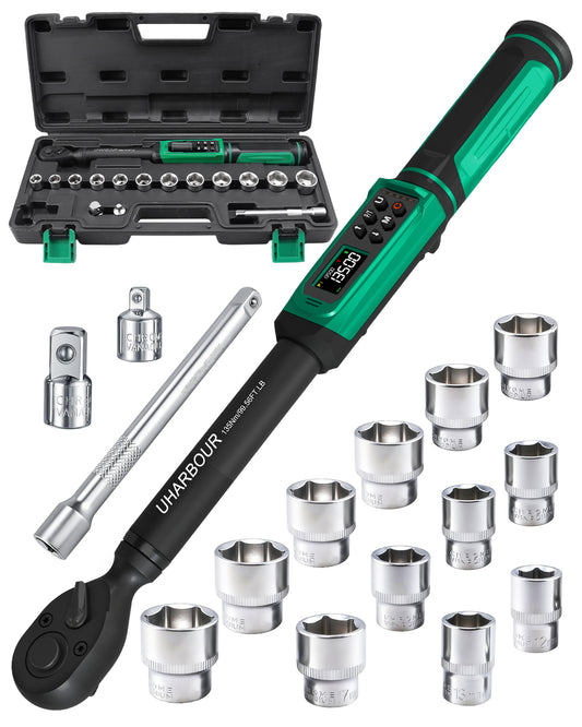Uharbour Digital Torque Wrench 3/8" , 1.5-99.5 ft-lbs./6.8-135Nm, 16 PCS Torque Wrench Set-UHXM026