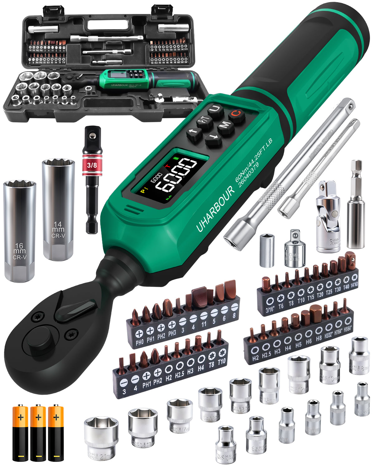 Uharbour Digital Torque Wrench 3/8", 0.66-44.29Ft.lbs/0.9-60Nm, 66 PCS Torque Wrench Set-UHXM025