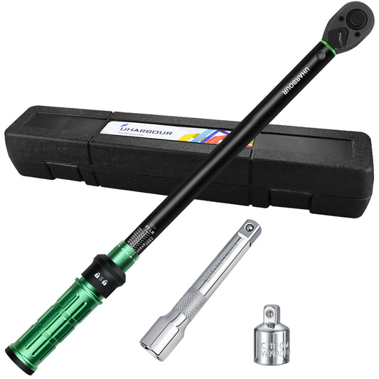 Uharbour Torque Wrench 1/2 10-170FT.LB, with Adapter and Extension Bar, Dual Direction 1 Nm Adjustment with Lock, ±3% Error Accuracy with 72 Teeth
