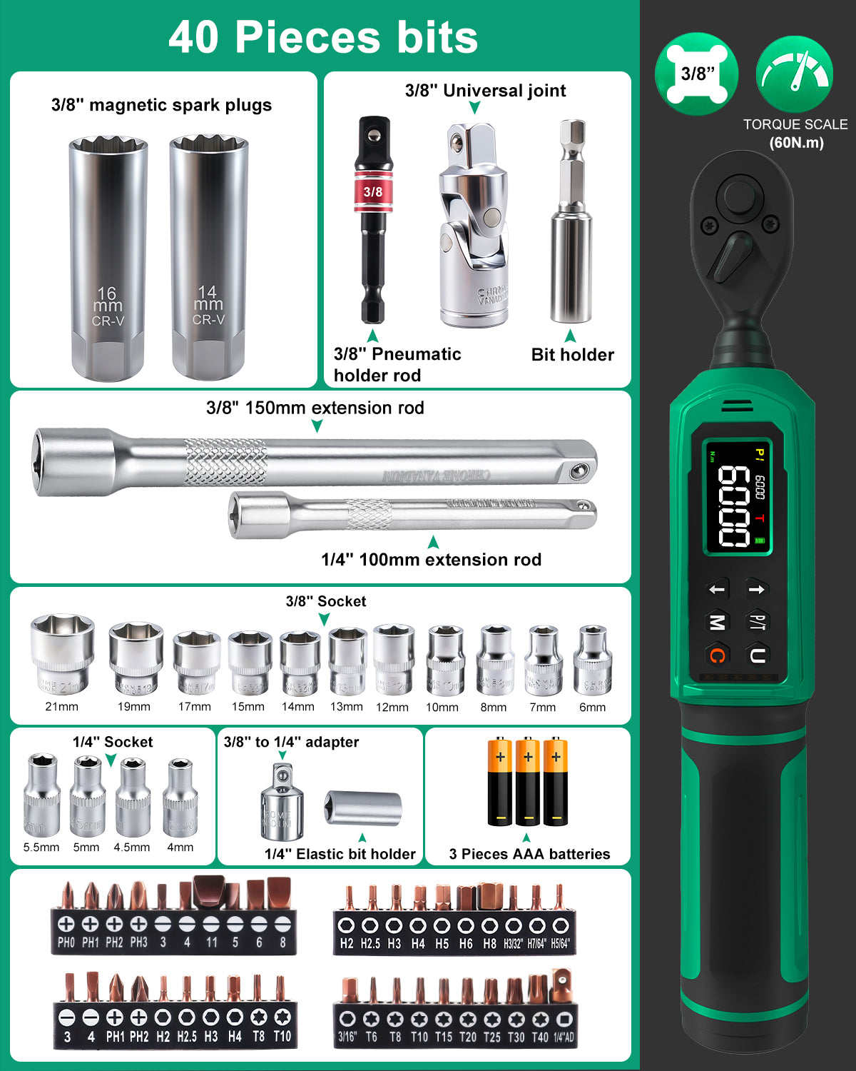 Uharbour Digital Torque Wrench 3/8", 0.66-44.29Ft.lbs/0.9-60Nm, 66 PCS Torque Wrench Set-UHXM025