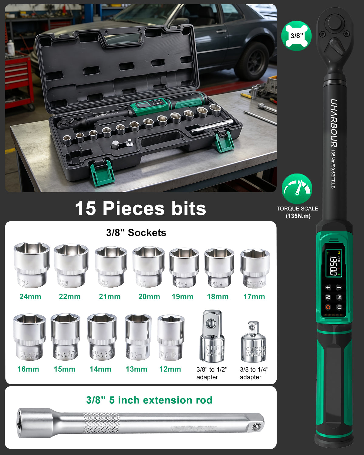 Uharbour Digital Torque Wrench 3/8" , 1.5-99.5 ft-lbs./6.8-135Nm, 16 PCS Torque Wrench Set-UHXM026