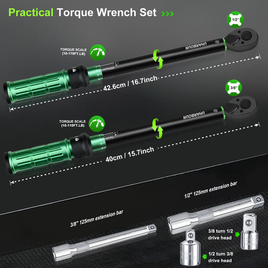 Uharbour Torque Wrench Set 3/8" + 1/2" 2Pcs 10-110 ft.lb & 10-170 ft.lb Dual-Direction 72 Tooth Click with Adapters & Extension Bars for Car, Truck & Motorcycle