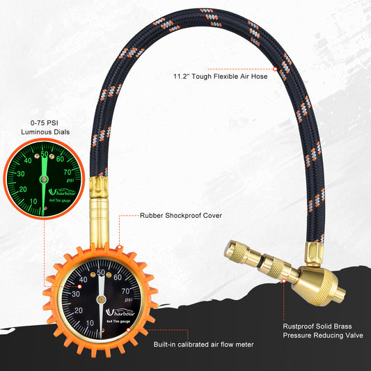 4X4 Rapid Air Down Tire Deflator with Gauge (0-75PSI) ， 2" Easy Read Glow Dial & Solid Brass Hardware-Automatic Tire Air Down Tool for Jeep, Truck or ATV
