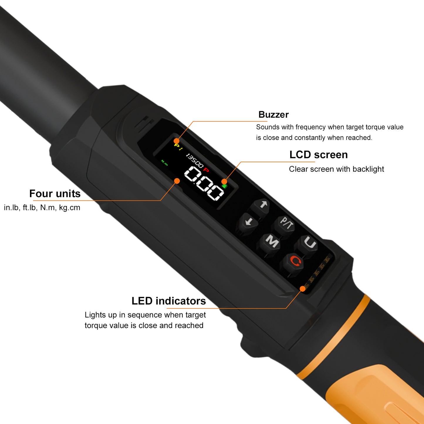 Uharbour Digital Torque Wrench 3/8 Drive, 1.5-99.5 ft-lbs./6.8-135Nm Range, Electric Torque Wrench with Dual Direction Ratchet, ±1% Accuracy with Vibration, Buzzer and LED Alert