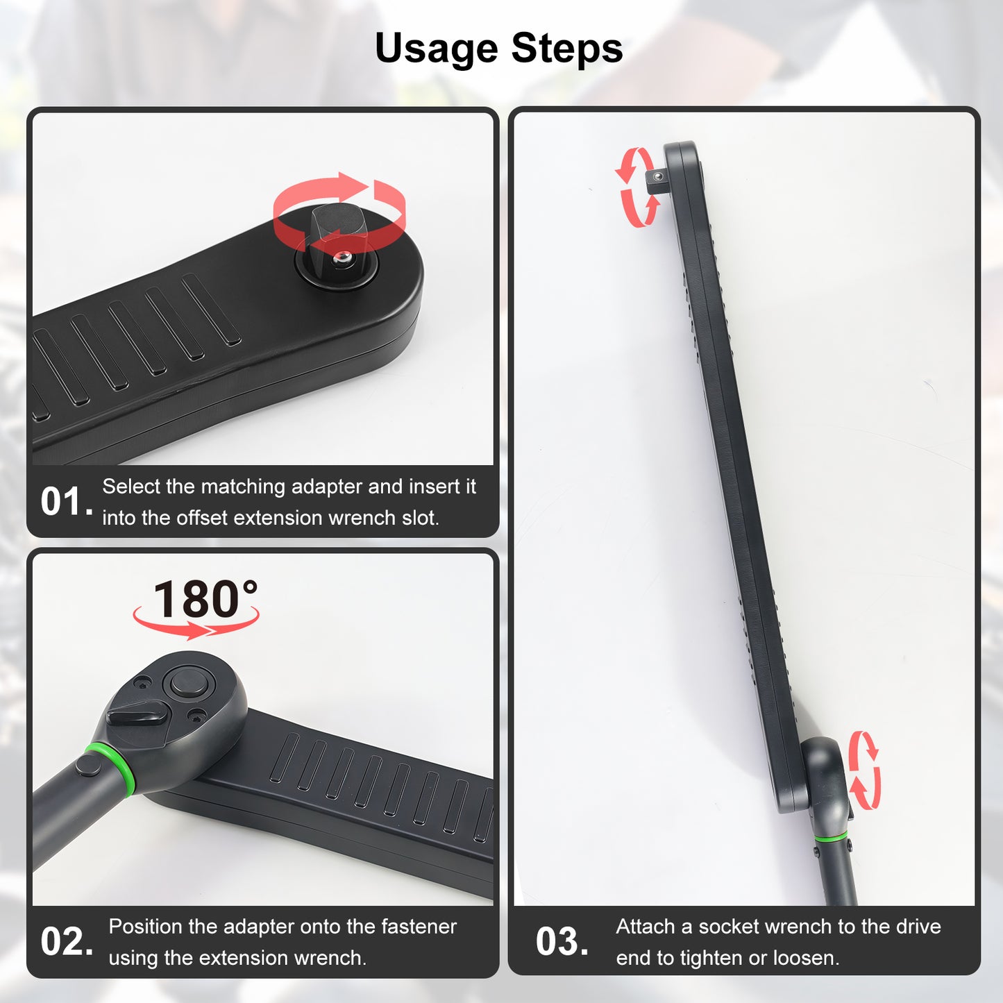 Uharbour Offset Extension Wrench for Tight Spaces, Universal Ratchet Wrench Extender for Small Places, Offset Extension Wrench Set with 1/2", 1/4" & 3/8" Drive Square Adapters and 1/4" Socket